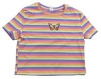 Barevné pruhované žebrované crop tričko s motýlkem Shein 