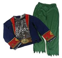 Kostým - 2set - Tmavomodro-šedé sako s kostrou + zelené kalhoty
