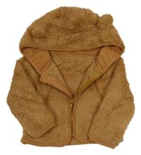 Hnědá chlupatá propínací mikina s kapucí s oušky