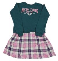 Tmavozeleno-kostkované teplákovo/plátěné šaty s tenisovými raketami Y.F.K.