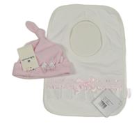 Nové - 2set - Růžová sametová čepice s mašlí + bílý slinták s madeirou a mašlí