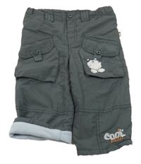 Tmavošedé šusťákové zateplené kalhoty s kapsami a medvědem