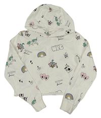 Bílá lehká crop mikina s nápisy s obrázky a kapucí H&M
