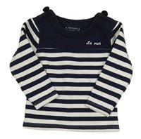 Tmavomodro-bílá mikina s pruhy a nápisem