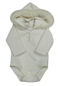 Bílé vzorované body s kapucí s kožešinou