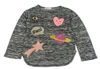 Šedo-černé melírované úpletové triko s obrázky H&M