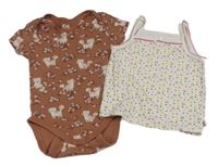 2 set - Hnědé body s kočkami + bílo-růžová vzorovaná košilka 