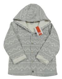 Nové - Šedo-bílá vzorovaná sametová propínací podšitá mikina s kapucí 