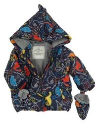 Tmavomodro-barevná šusťáková zateplená bunda s dinosaury a kapucí + rukavice George