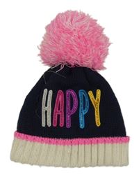 Tmavomodro-smetanová čepice s nápisem a bambulí Tu