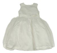 Bílé puntíkaté šifonové slavnostní šaty s páskem 