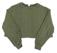 Khaki žebrovaný úpletový crop svetr Shein