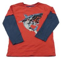 Červeno-tmavomodré triko se žralokem z flitrů Fat Face