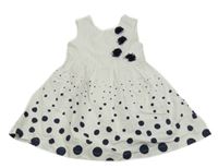 Bílo-tmavomodré šaty s puntíky a 3D květy Vertbaudet