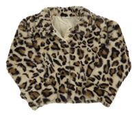 Béžovo-hnědý kožešinový podšitý kabát s leopardím vzorem