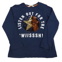 Tmavomodré triko s nápisem a překlápěcími flitry H&M