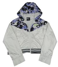 Černo-bílá šusťáková jarní crop bunda s kytičkami a kapucí Nike