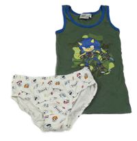 2set- khaki tílko se Sonicem+ bílé slipy s lebkami 