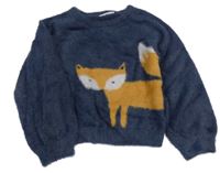 Tmavomodrý chlupatý svetr s liškou 