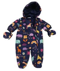 Nové - Tmavomodrá šusťáková zimní kombinéza se zvířátky s kapucí + rukavice Next