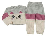 2set - Šedo-pudrovo-růžový žebrovaný svetr s kočkou + kalhoty 