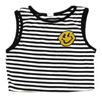 Bílo-černý pruhovaný žebrovaný crop top se smajlíkem Shein