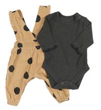 2Set - Světlehnědo-černé puntíkaté manšestrové laclové kalhoty + tmavošedé žebrované body George