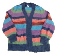 Tmavomodro-barevný pruhovaný chlupatý svetrový cardigan Next
