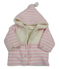 Růžovo-bílý pruhovaný pletený propínací zateplený svetr s kapucí s bambulkami  