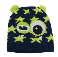 Petrolejovo-limetková pletená čepice s příšerkou a hvězdičkami a oušky