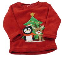 Červená plyšová mikina s vánočním stromečkem a tučňáčkem a sobem