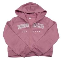 Starorůžová propínací teplá crop mikina s nápisy a kapucí SHEIN