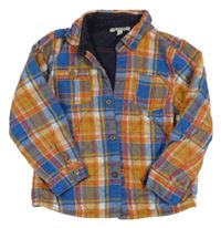 Okrovo-modro-tmavooranžovo-bílá kostkovaná zateplená košilová bunda M&S
