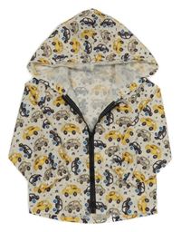 Smetanová šusťáková bunda s auty a kapucí 