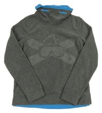 Šedo-modrá melírovaná fleecová mikina s lyžařskými brýlemi a snowboardy a komínovým límcem POCOPIANO