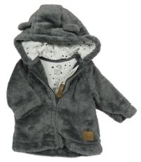 Tmavošedá plyšová bunda s medvídkem a kapucí s oušky F&F