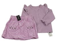 Nové - 2Set - Levandulová manšestrová sukně se zajíčky/kapsami a srdíčky + propínací svetr s volánky St. Bernard