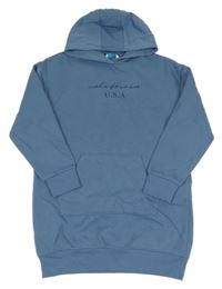 Modré teplákové šaty s nápisy a kapsou a kapucí PRIMARK