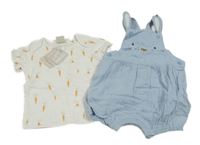 Nové - 2Set - Světlemodré mušelínové laclové kraťasy se zajíčkem + bílé tričko s mrkvičkami a volánky John Lewis