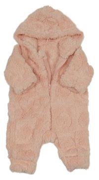 Růžová chlupatá kombinéza se srdíčky a kapucí Shein