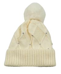 Krémová pletená čepice s kamínky a bambulí