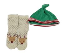 2set - Zelená sametová čepice - elf + béžové puntíkaté ponožky se soby