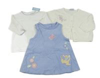 Nové - 3set - Bílé triko + lila manšestrové šaty s klokanem + smetanový propínací svetr