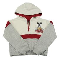 Smetanovo-šedo-tmavočervená crop mikina s Mickeym a kapucí Primark