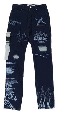 Tmavomodré skinny rifle s nápisy a prošoupáním