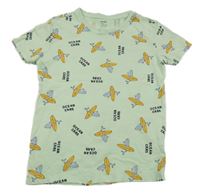 Zelenkavé tričko s velrybami se surfy Sinsay