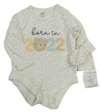 2 set - Bílé puntíkaté body s medvědem + rukavice F&F