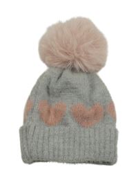 Šedo-růžová pletená čepice se srdíčky a bambulí 