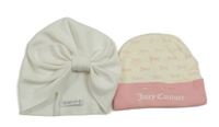 2x čepice - bílá úpletová turbanová + smetanovo-růžová vzorovaná čepice - Juicy Couture