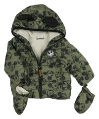 Tmavozeleno-černá šusťáková zateplená bunda s Mickeym a kapucí + rukavice Disney